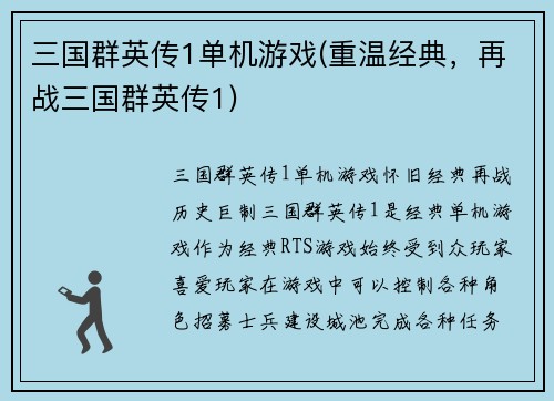 三国群英传1单机游戏(重温经典，再战三国群英传1)